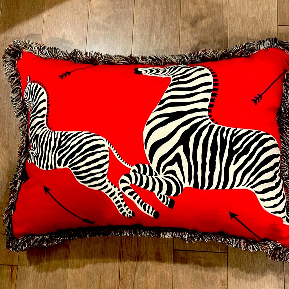 Red Scalamandre zebra lumbar pillows & King Duvet.